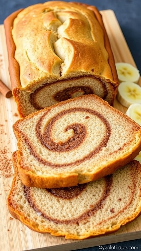 Sliced cinnamon swirl banana bread on a wooden board with banana slices and cinnamon.